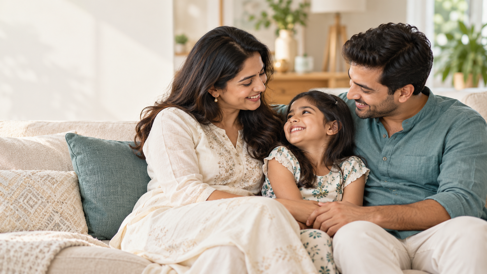 Illustrative family relaxing together at home